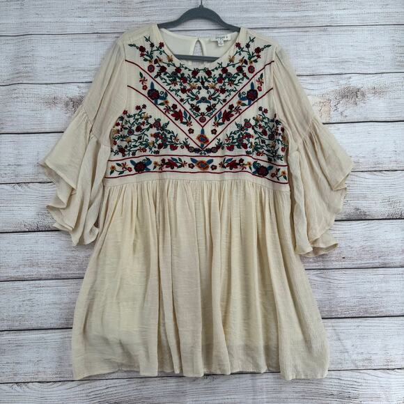 Umgee USA Floral Embroidered Mini Dress Womens XL Cream Green Blue Red Lined - Picture 1 of 14